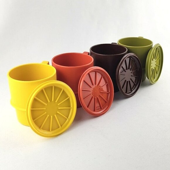 Tupperware Vintage Harvest Colours 4 Stackable Cups #1312  & Coasters #1313 - Picture 6 of 11